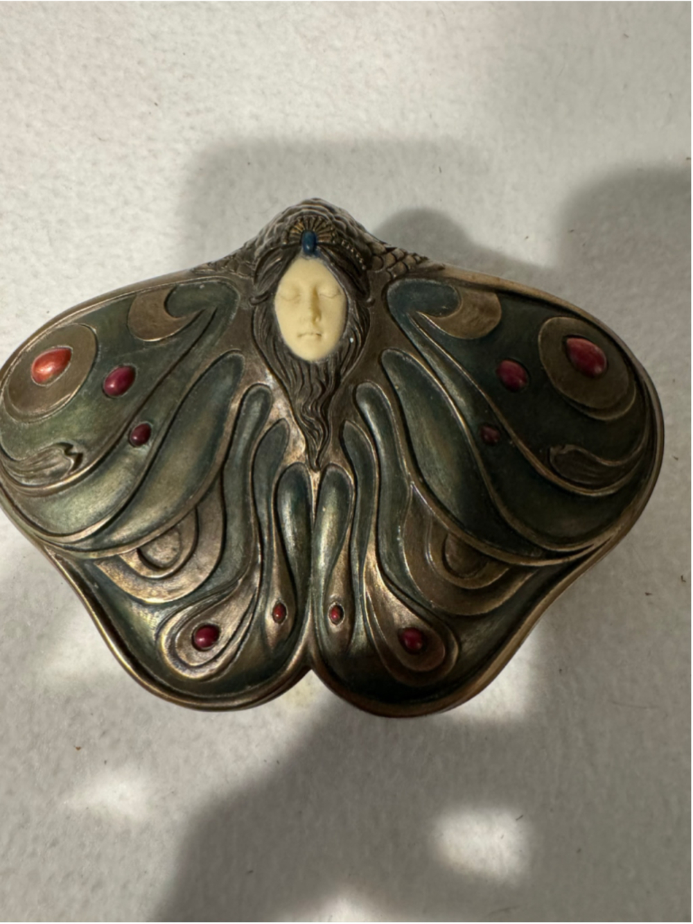 Veronese Art Nouveau Style Butterfly Princess Jewelry Box Brass Green Red